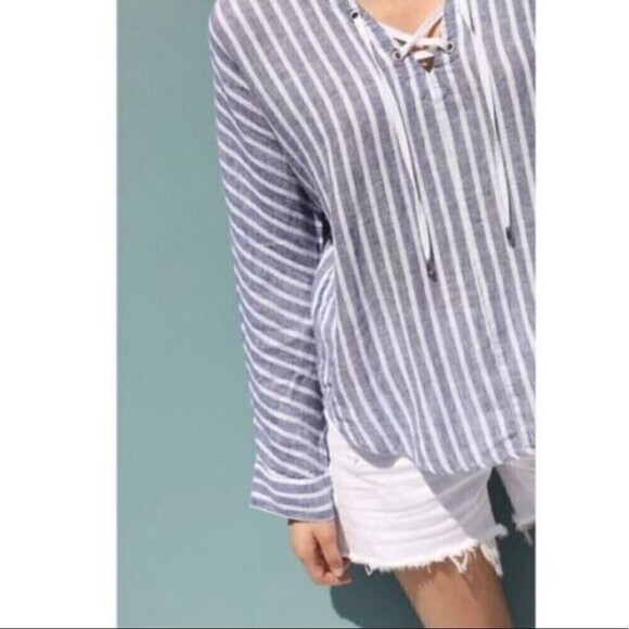 Rails Lily Blouse Parisian Blue Grenadines Stripe Linen Lace Up Neck Size Small - Picture 4 of 10